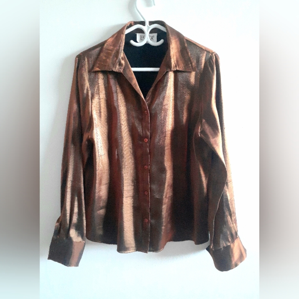 Metallic Copper Silky Button-down Blouse